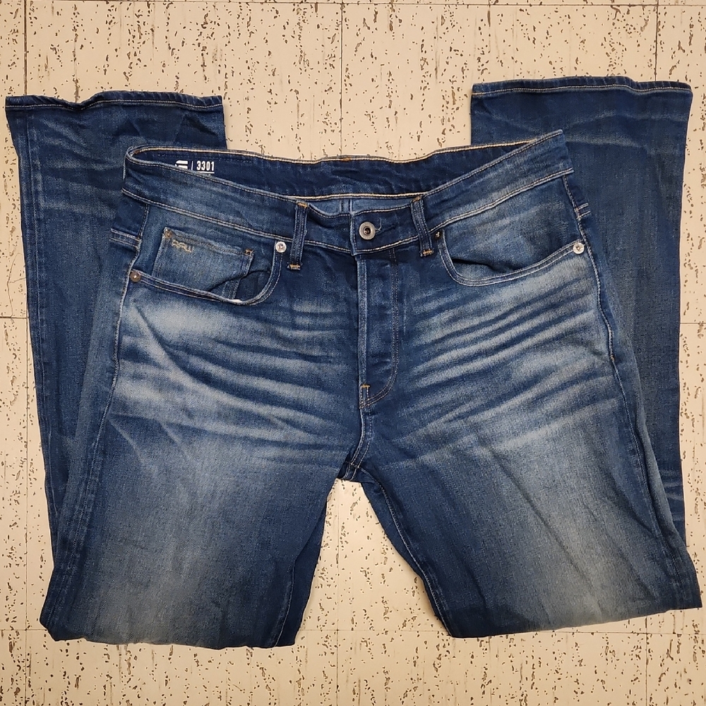 G-Star Raw 3301 Blue Washed Loose Fit Embroidered Straight Leg Denim Jeans